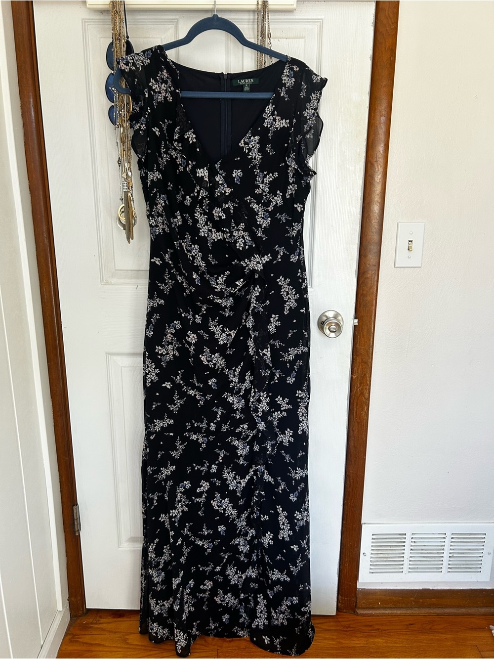 Ralph Lauren Navy Blue Floral Maxi Dress with White Print